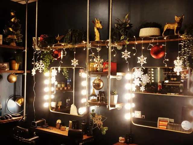The mirror stations dressed for Christmas with warm fairy lights
